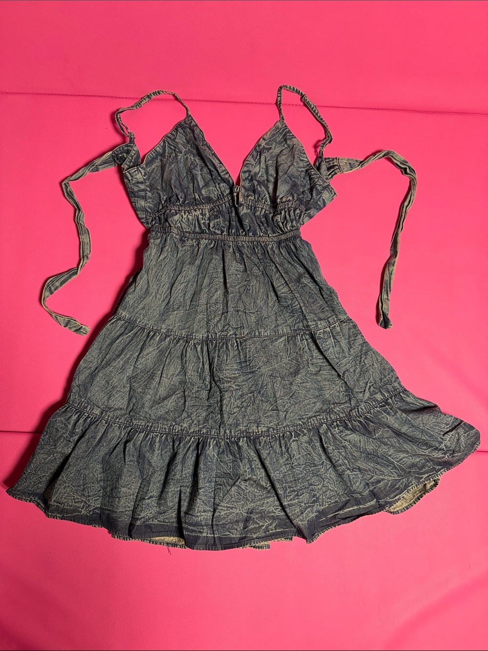 V-Neck Tiered Mini Dress in Washed Blue